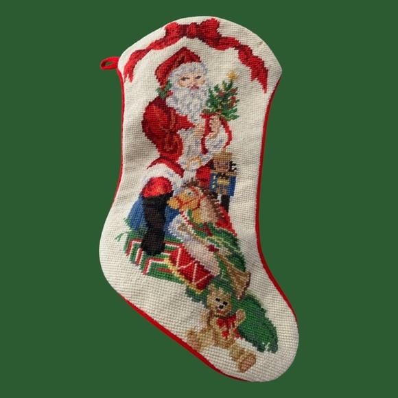 Vintage 90s Needlepoint Christmas Stocking Santa Tree Presents Red Velvet Y2K - Picture 1 of 8